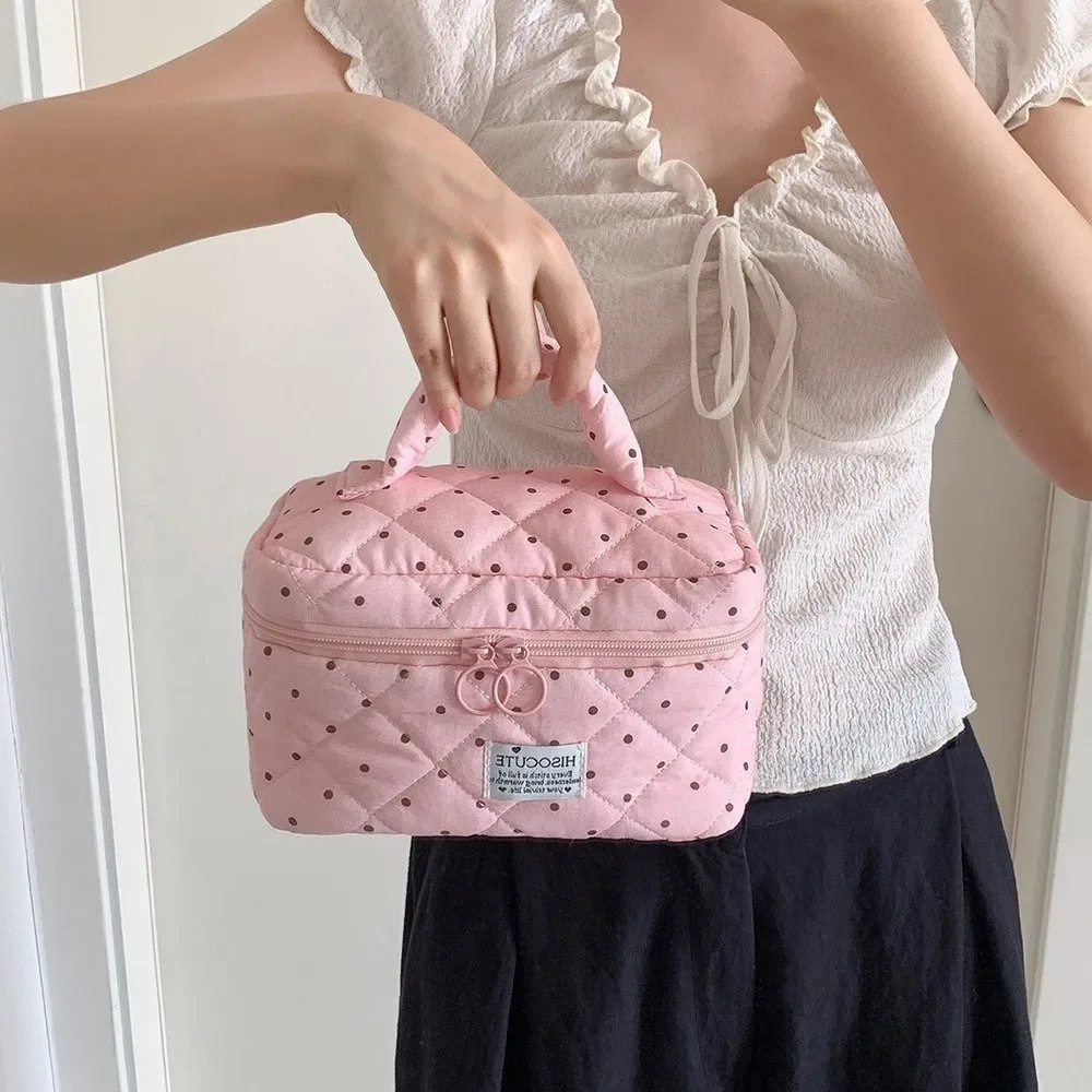 sac de maquillage matelassé à motif à pois kawaii avec poignée, grande capacité, organisateur de toilette de voyage, sac de rangement polyvalent pour femmes