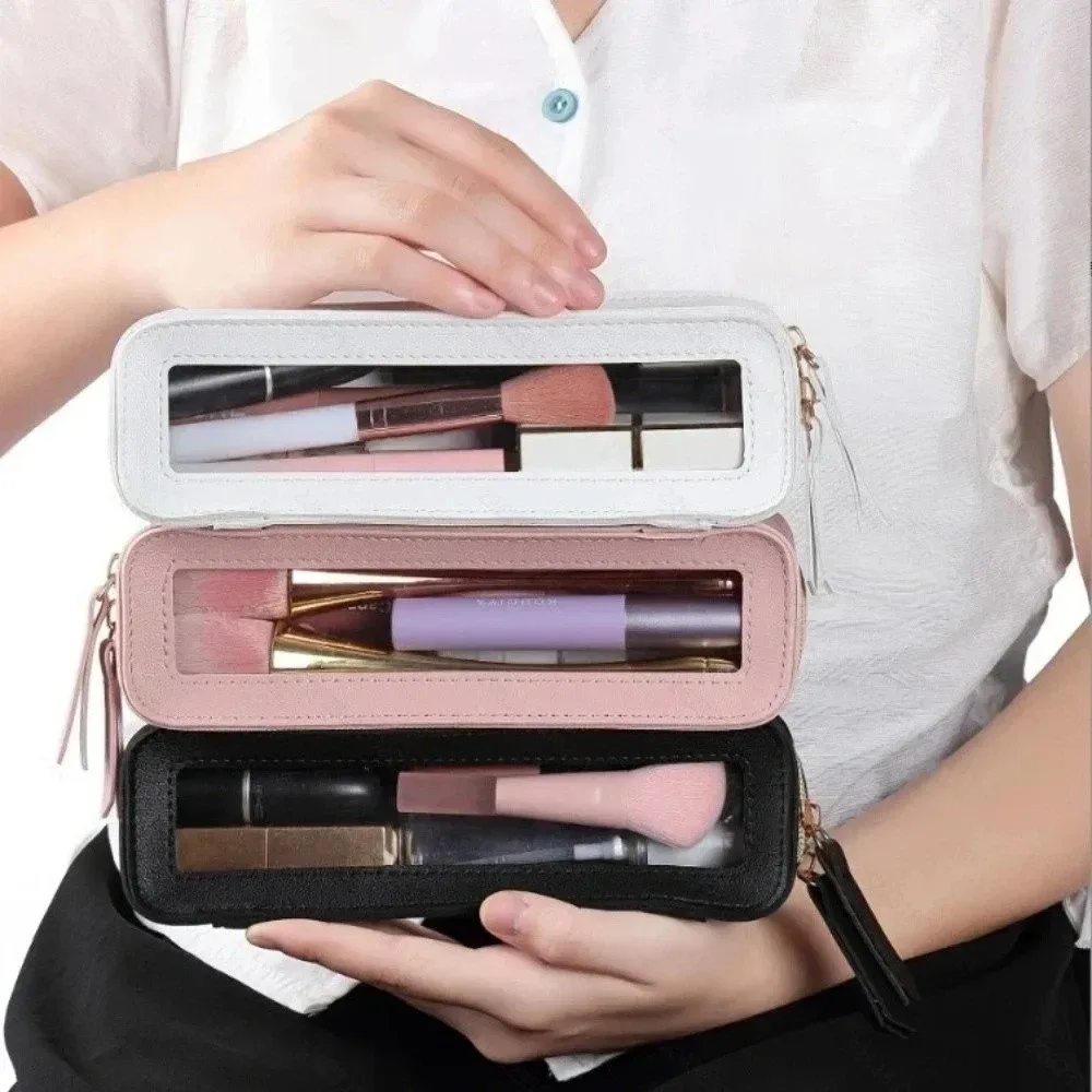 boîte à pinceaux de maquillage en cuir pu, sac à cosmétiques transparent et étanche, pochette de rangement à fermeture éclair de grande capacité, accessoires de voyage