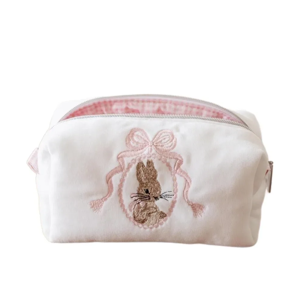 trousse de maquillage portable lapin avec nœud en dentelle grande capacité organisateur de maquillage fermeture éclair blanc rose trousse à crayons pour femmes et filles
