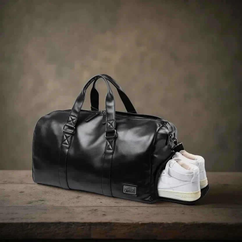 MATE ELAN Sac polochon de voyage en cuir pour hommes, sac étanche vintage avec pochette à chaussures, sac fourre-tout de week-end pour sports de nuit