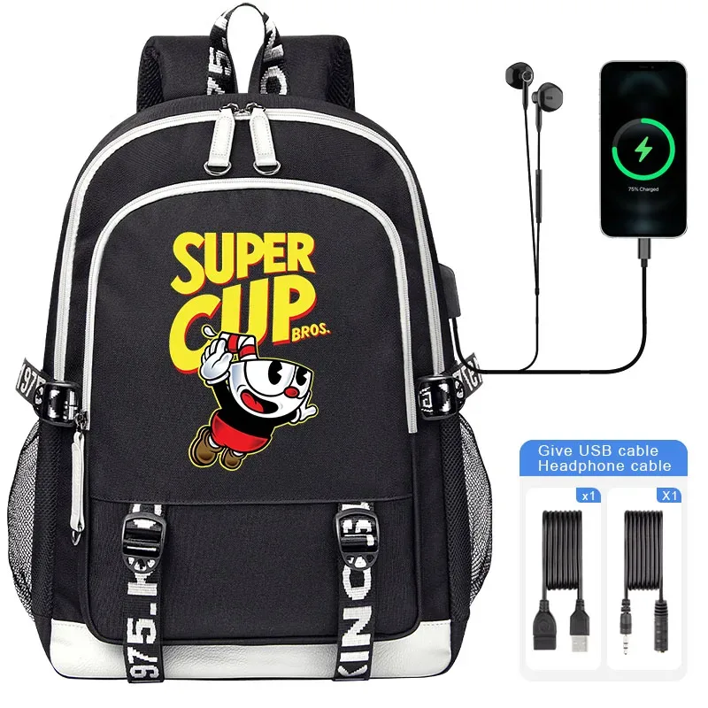 cuphead mugman sacs d'école pour adolescent usb charge sac à dos pour ordinateur portable garçons filles étudiant livre sac mochila sac de voyage
