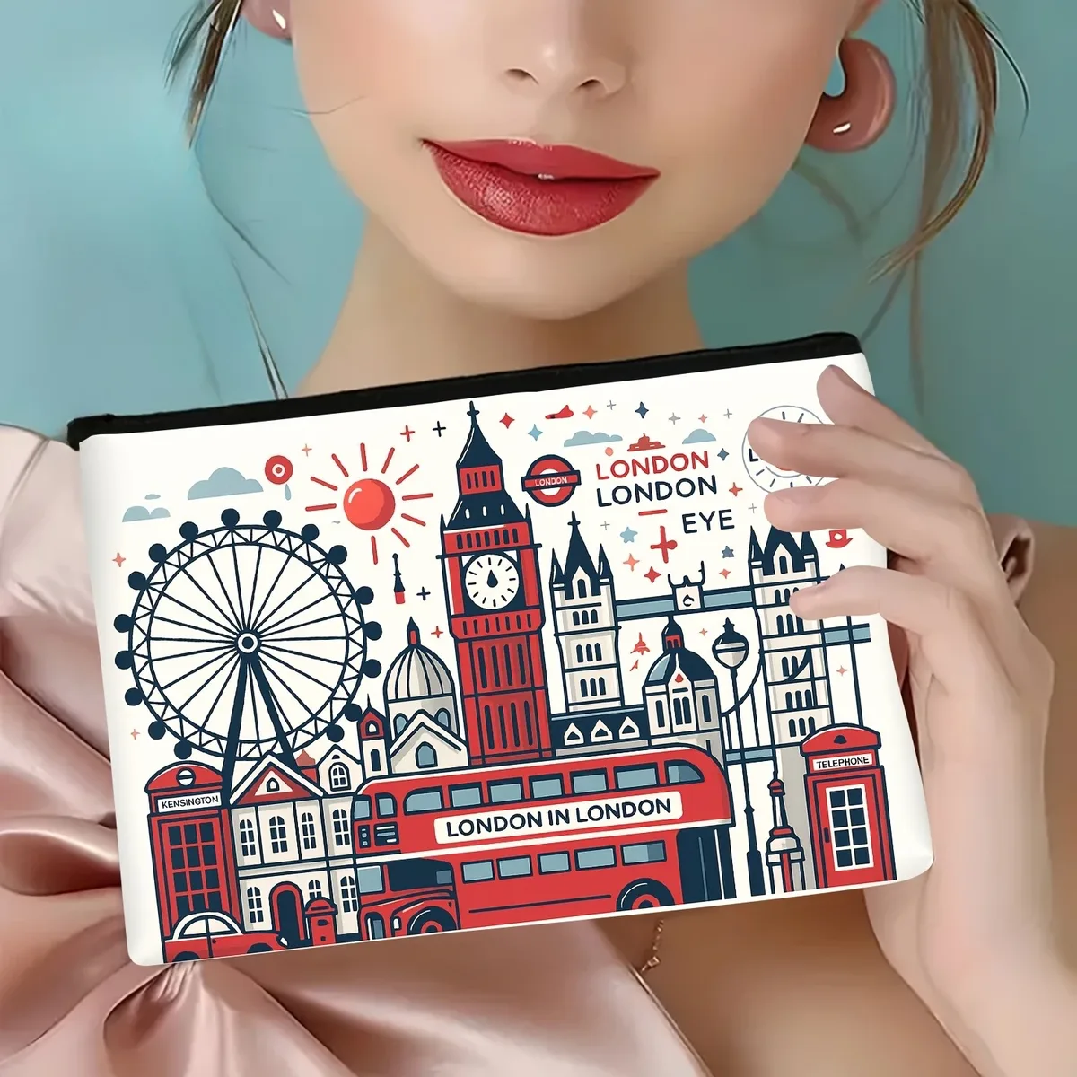 modèle de construction de londres, trousse de maquillage de voyage multifonctionnelle, sac de collation d'urgence, sac de rangement durable à fermeture éclair en polyester,