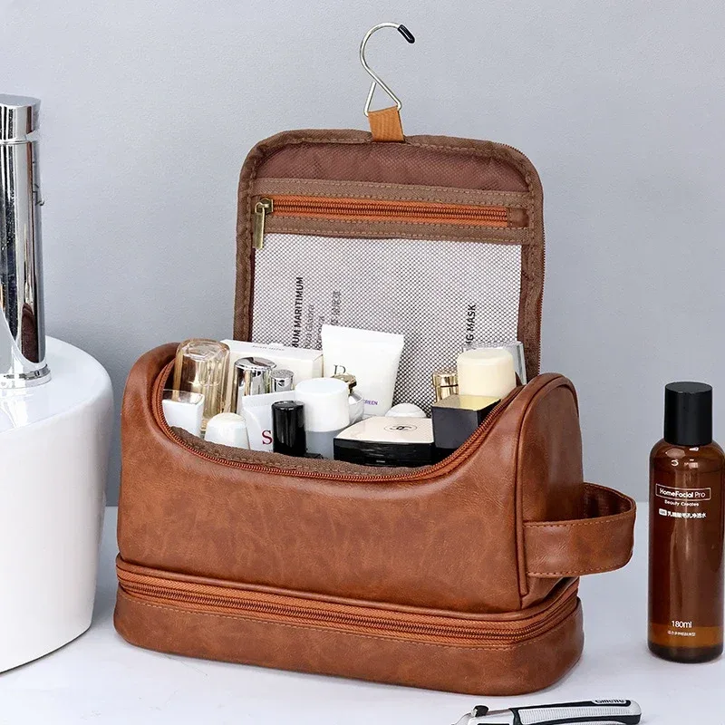 Sac de maquillage suspendu de grande capacité, sac de lavage en cuir PU, sac à cosmétiques Double couche pour hommes, organisateur essentiel de voyage, nouvelle collection 2024