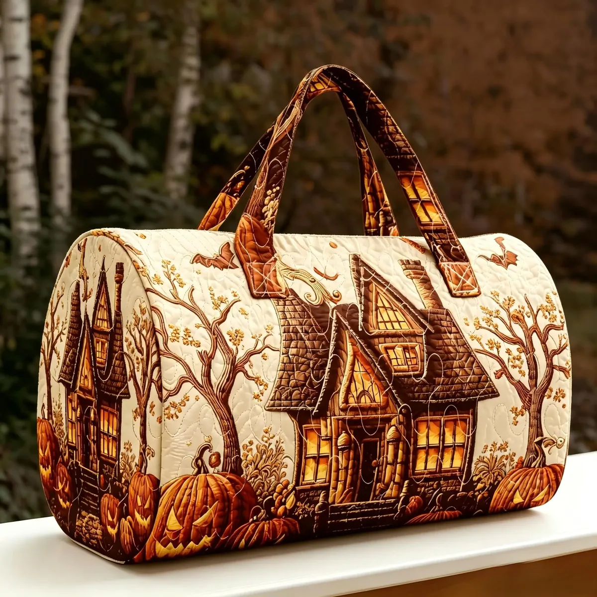 sac de voyage matelassé halloween, motif château fantôme, sac de week-end grande capacité, sac de voyage d'automne, sac de sport, sac de nuit pour femme, sac fourre-tout pour courts séjours.
