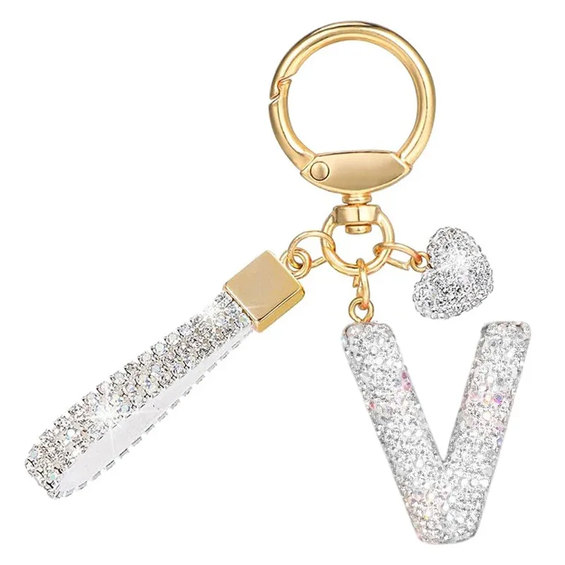 porte-clés avec lettres blanches brillantes, alphabet a-z pour porte-clés de voiture/sac à dos et cadeau avec lanière ajoutée