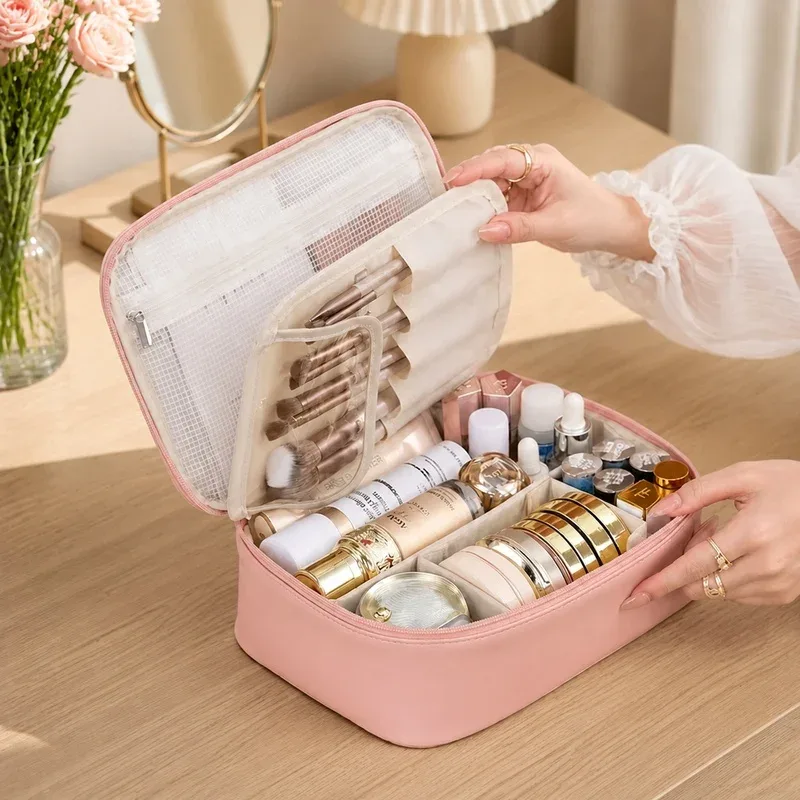 sac à maquillage double couche pour femmes - étui de rangement cosmétique spacieux, idéal pour les voyages et 