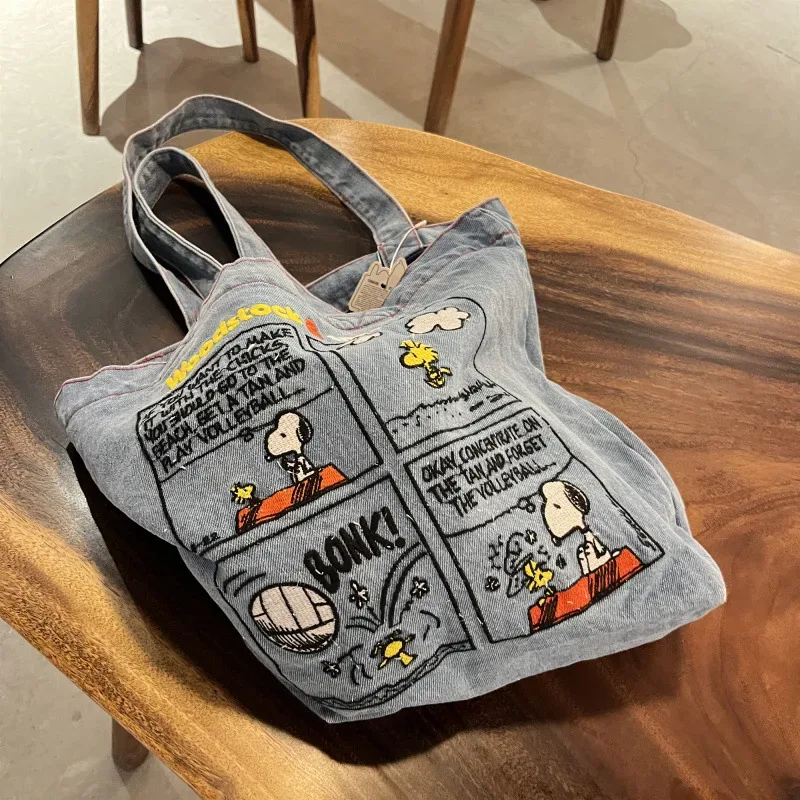 nouveau sac à bandoulière brodé snoopy de style japonais, sac en jean rétro polyvalent, sac fourre-tout grande capacité, sac de voyage portable