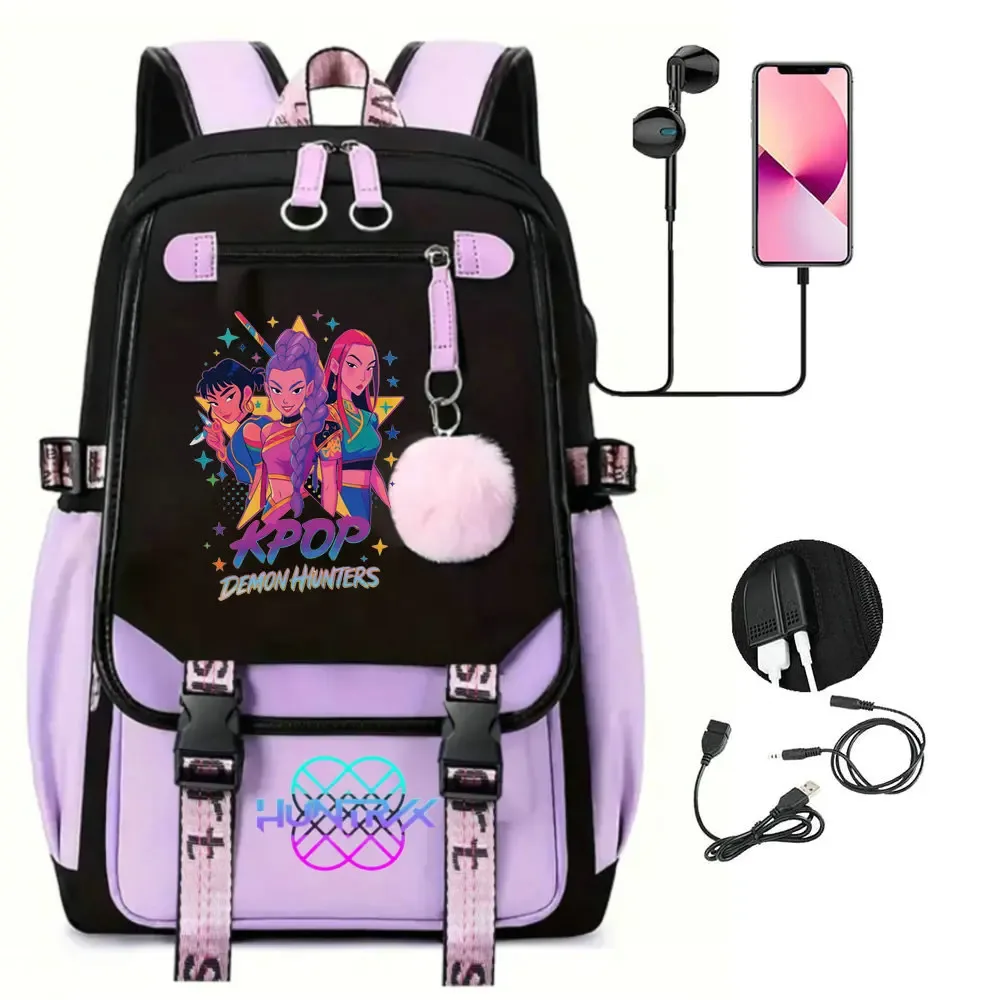 sac à dos kpop demon hunters, noir et rose, grande capacité, pour le quotidien, les voyages en plein air, rangement pratique, cadeaux de vacances