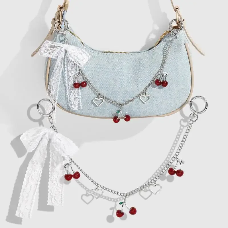 Porte-clés en dentelle avec nœud cerise et fraise pour femmes, sacoche tendance, chaîne, pendentif de sac mignon, accessoires de décoration, cadeau