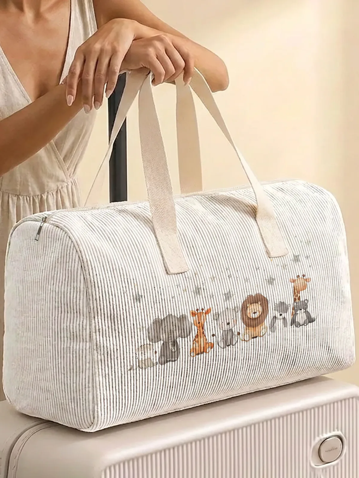 sac de voyage en velours côtelé imprimé d'animaux de la jungle, 2 styles, mignon, portable, adapté aux voyages de week-end, au sport et aux courses, 1 pièce