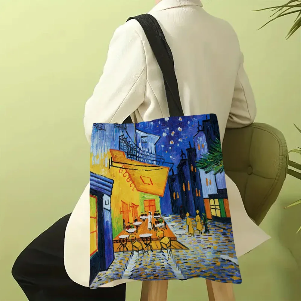 sac en toile imprimé la série van gogh, sac à bandoulière léger, sac de shopping polyvalent, sac à main de support