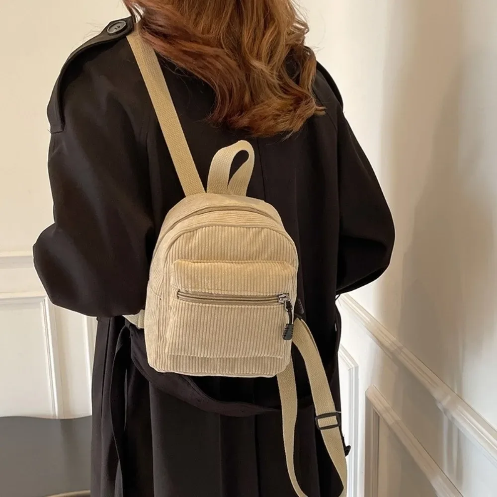 Sac à dos mini en velours côtelé couleur unie série Forêt, léger, à double bandoulière, vintage, multi-poches, pour femme