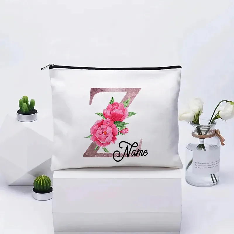 trousse de maquillage personnalisable avec prénom, cadeau de mariage, grande pochette en toile à fermeture éclair, motif floral pivoine, essentiels de voyage, maquillage