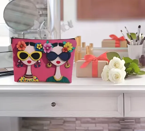 sac de maquillage à motifs floraux tendance, pochette à fermeture éclair multifonctionnelle mignonne pour femmes, sac de rangement pour bijoux