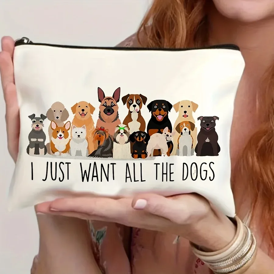 sac de toilette léger pour les amoureux des chiens, avec fermeture éclair, motif « je veux juste tous les chiens », pochette organisatrice durable