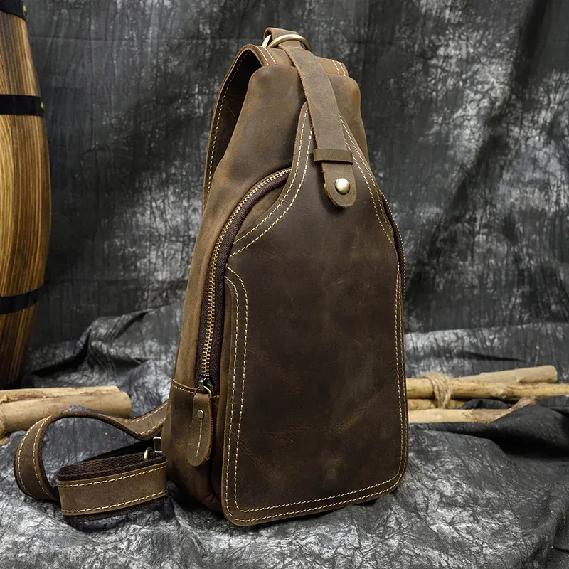 sac à dos en cuir de cheval fou pour hommes, petit sac de poitrine décontracté, sac de voyage vintage en cuir de vache, sac à bandoulière en cuir de vache