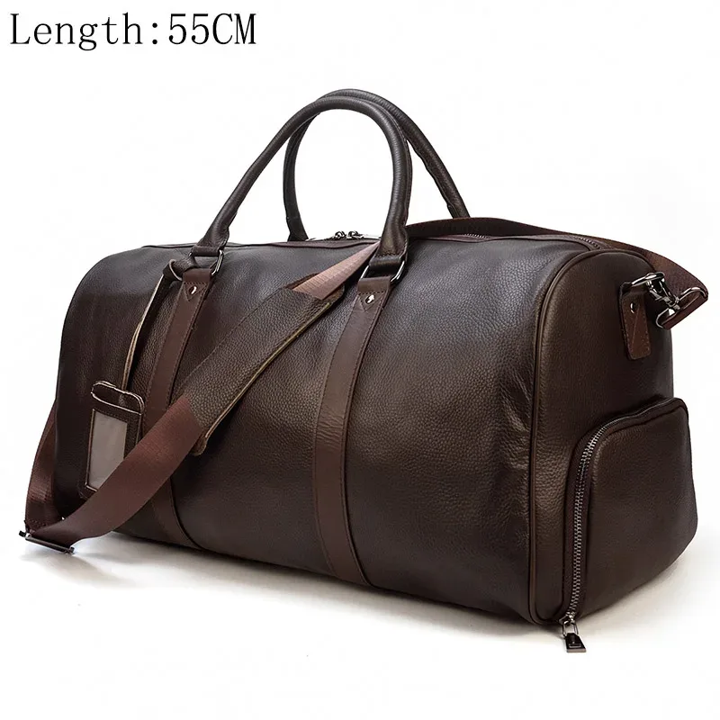 sac de voyage en cuir véritable de grande capacité pour hommes et femmes, en cuir de vache noir souple, polochon de voyage décontracté, grand sac à bandoulière pour week-end