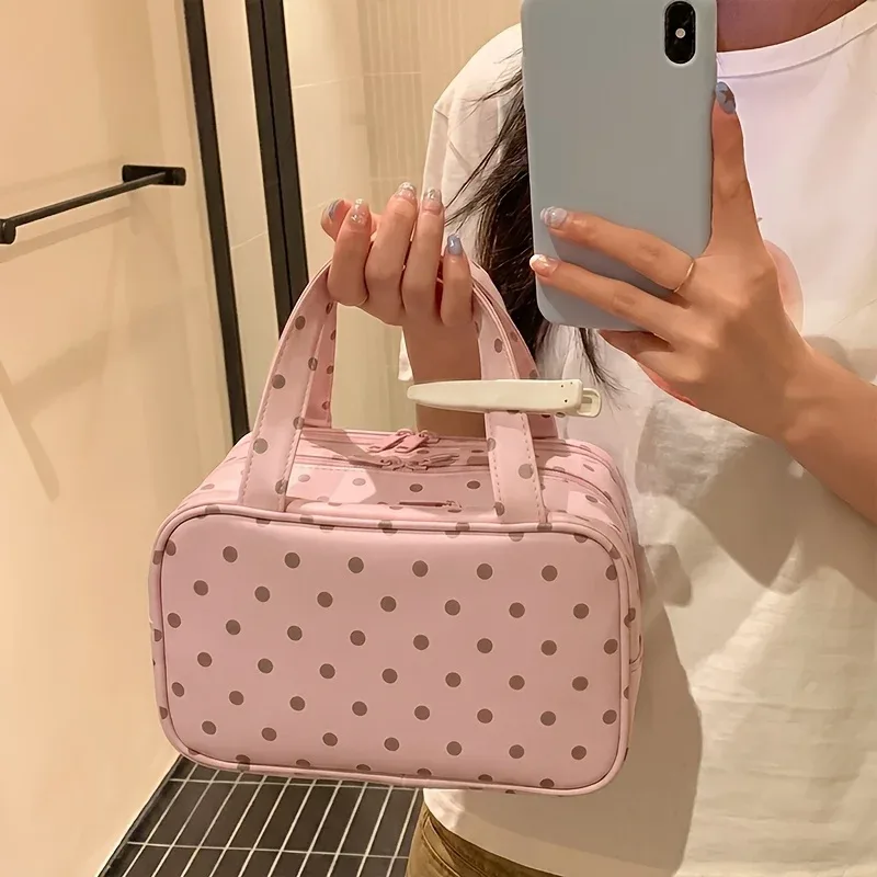 Nouvelle Trousse de Toilette de Voyage Grande Capacité à Pois en PU 2026, Organisateur de Valise Suspendu à Trois Niveaux Multi-Poches avec Poignée Robuste