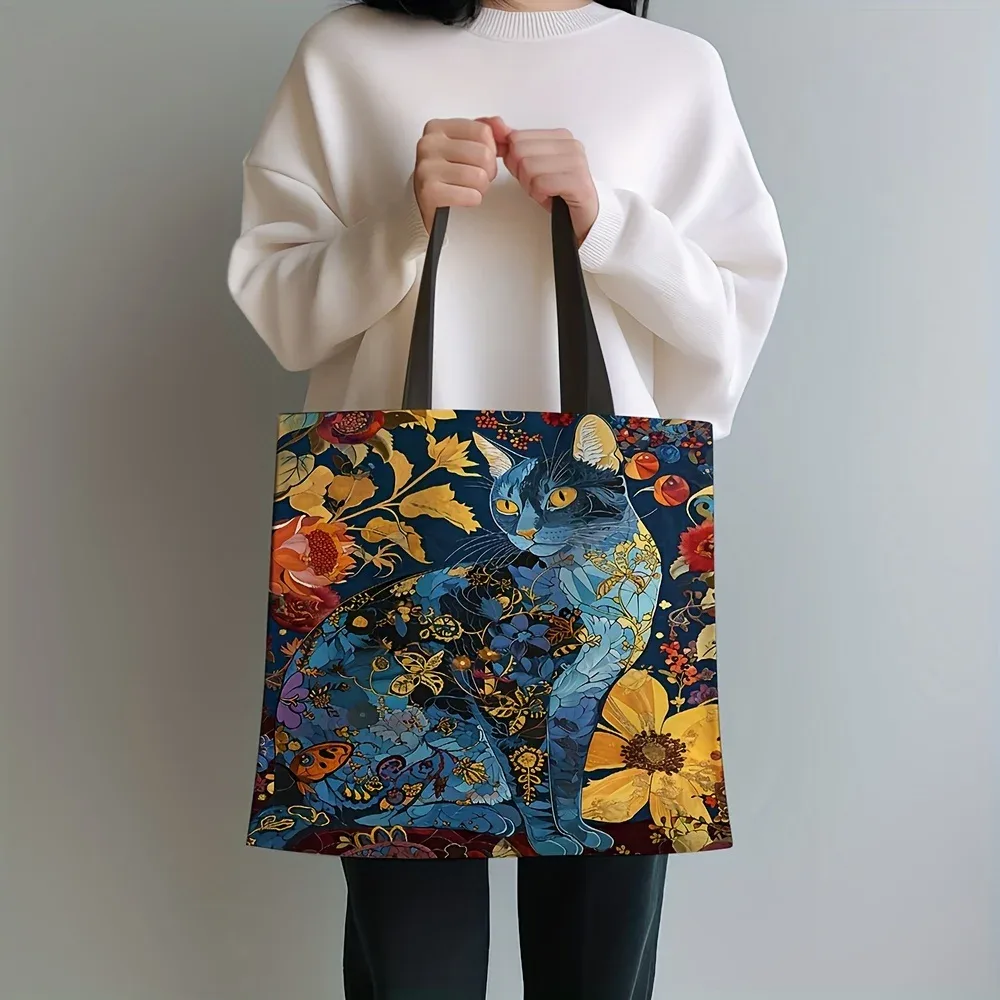 1pc abstrait chat sac fourre-tout mignon peculiar petit animal sac à bandoulière imprimé lin eco sac à main shopping bureau sacs décontractés réutilisables