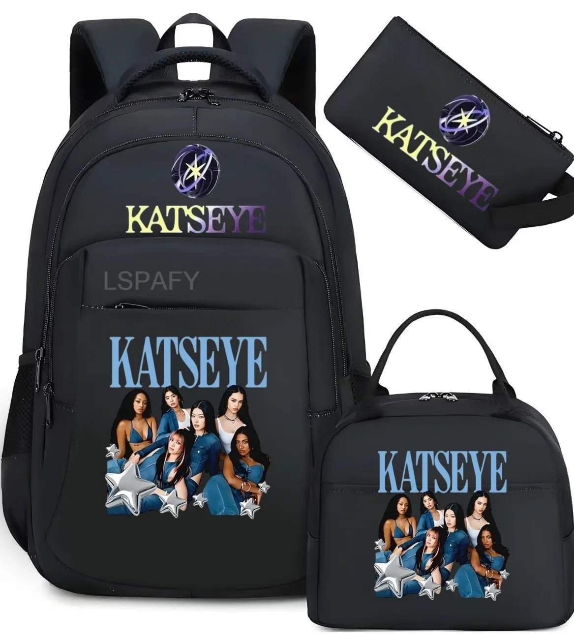 sacs d'école imprimés fashion katseye, ensemble de 3 pièces, sac à dos pour l'école primaire, garçons et filles, sac à dos de sport avec sac à lunch et trousse à crayons