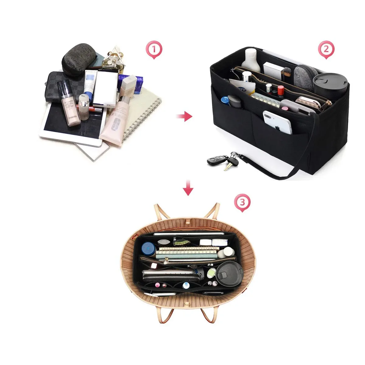 insert organisateur de sac à main en feutre – séparateur de sac fourre-tout de voyage avec fermeture éclair, insert de sac à main pour longchamp, neverfull, speedy & more