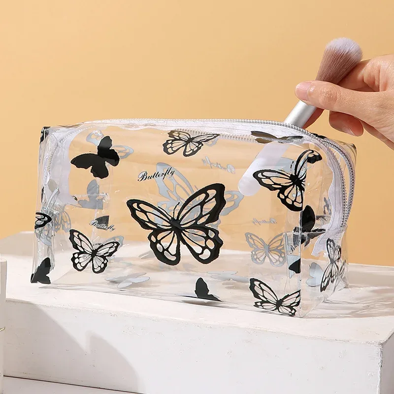 sac de maquillage transparent en pvc imprimé papillon pour femmes, sac de rangement octogonal pour cosmétiques
