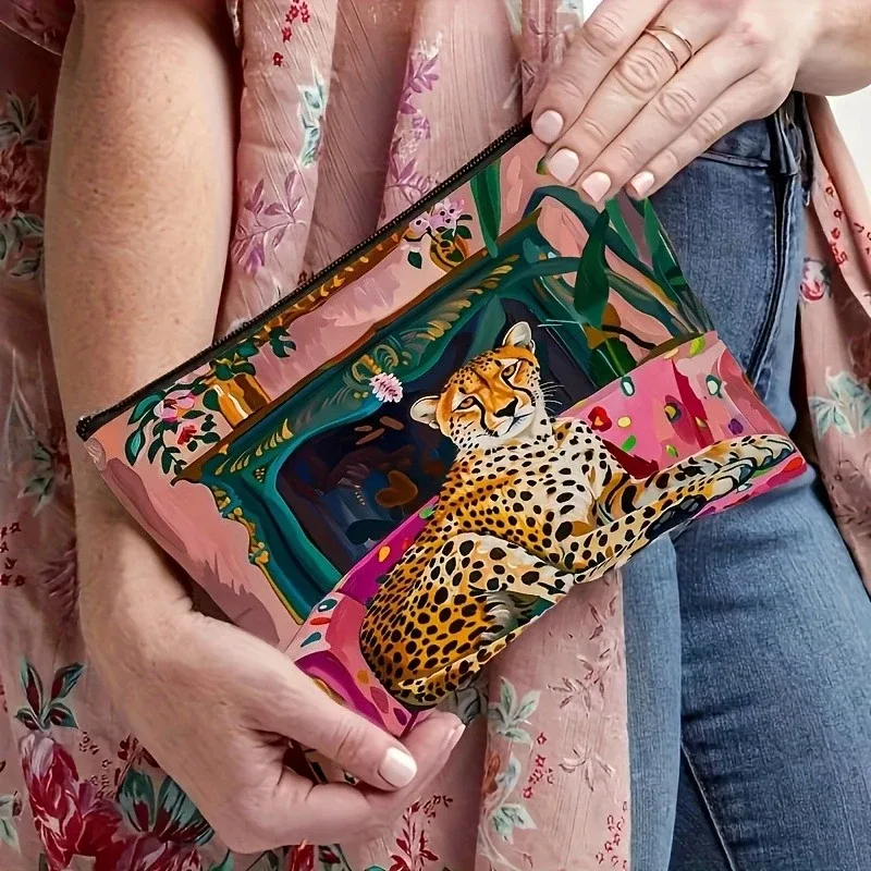 trousse de maquillage de grande capacité avec fermeture à glissière, organisateur de cosmétiques élégant imprimé guépard, trousse de maquillage spacieuse pour femmes, 1 pièce