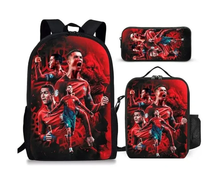 sac d'école décontracté à imprimé cr7 avec sac à déjeuner et trousse à crayons, ensemble de 3 pièces, sacs à dos pour étudiants du primaire, garçons et filles, cadeaux d'anniversaire