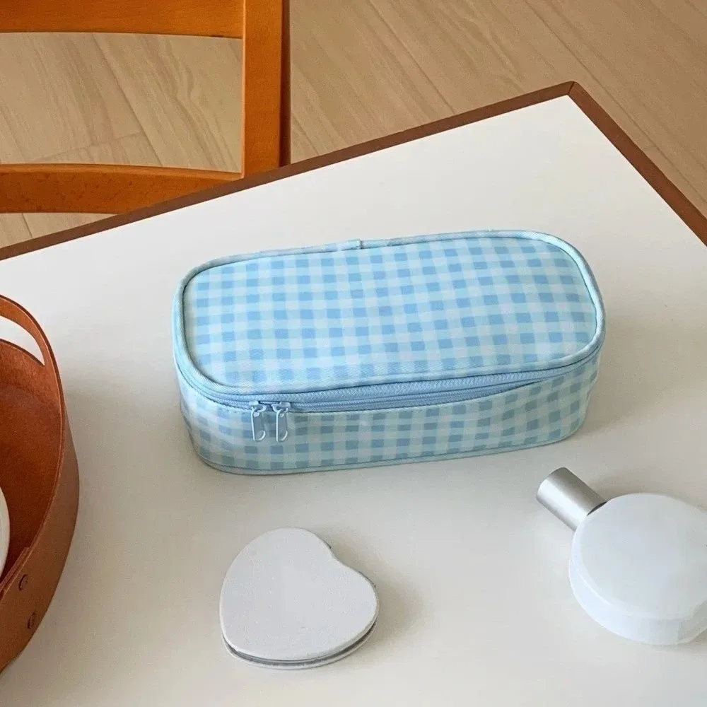 pochette de maquillage en polyester à pois, sac de rangement de voyage à carreaux multi-tailles, trousse de toilette bleu clair avec fermeture éclair, pochette cosmétique pour usage quotidien