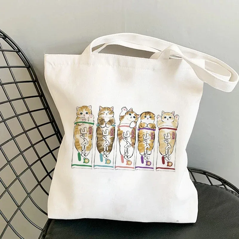 sac kawaii sac blanc sacs porté épaule sacs à provisions sacs à bandoulière en toile pour filles, sac de shopping à la mode, kawaii chats animaux mignons, sac de shopping, fourre-tout décontracté
