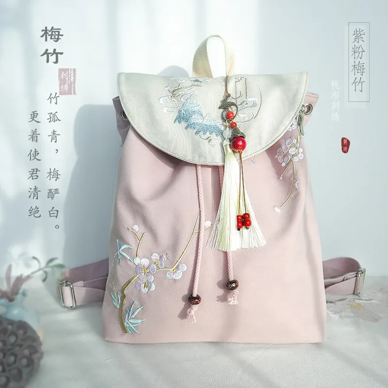 sac à dos en toile muling 15 pouces, style vintage chinois hanfu, brodé, avec cordon de serrage, fermeture éclair antivol, pour ordinateur portable, usage quotidien