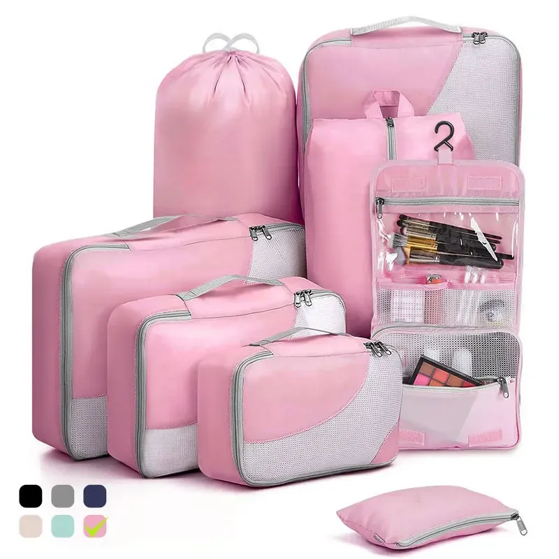 organiseur de valise de qualité supérieure, 8 pièces, pochettes de rangement en maille transparente, cubes de rangement résistants aux déchirures, sacs de rangement pour vêtements avec trousse de toilette
