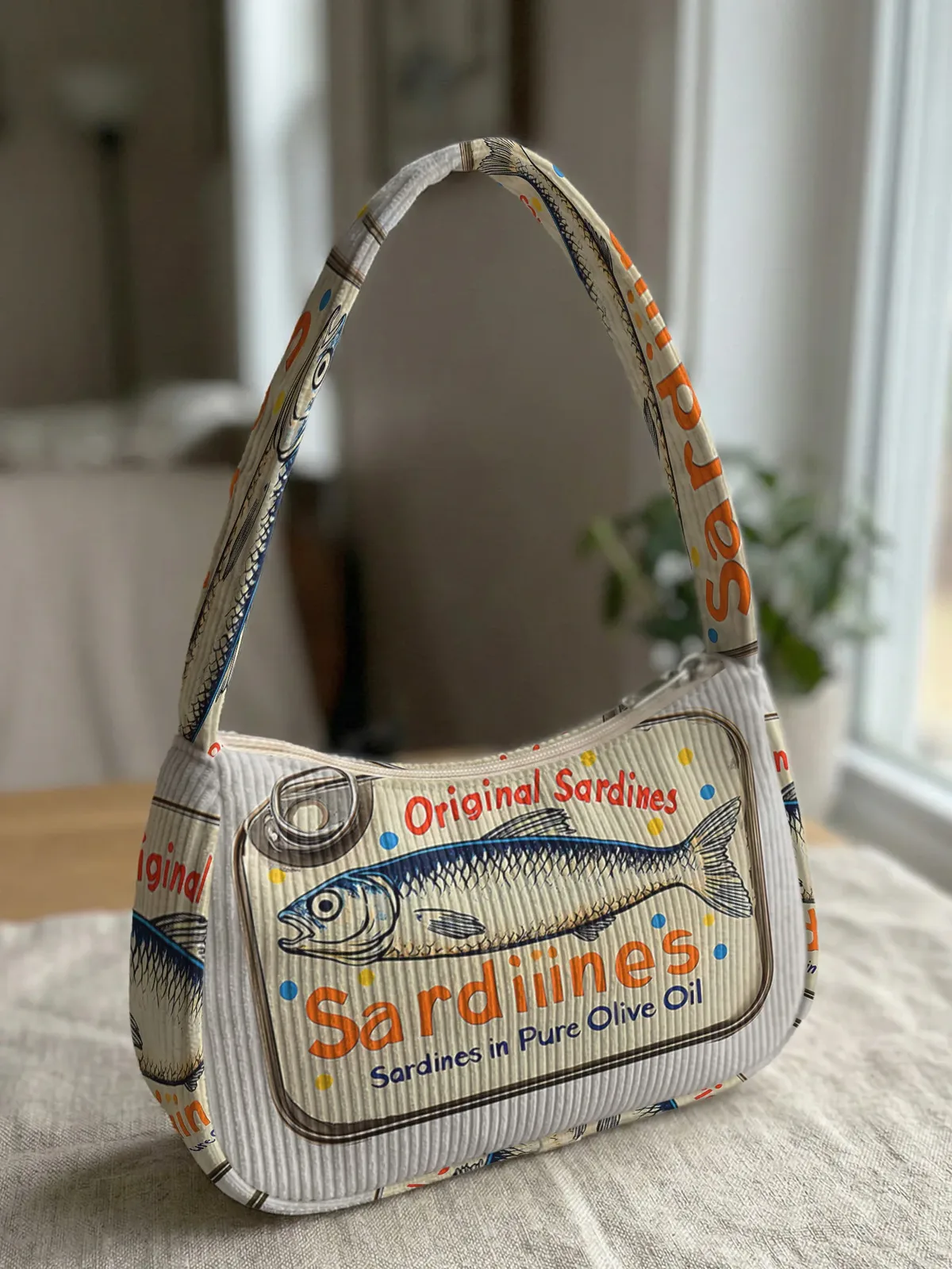 sac à bandoulière tendance imprimé sardine, sac sous le bras en velours côtelé pour un usage quotidien décontracté