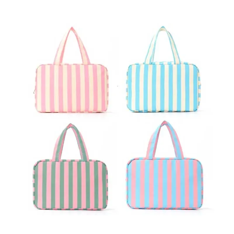 trousse de toilette de voyage suspendue portable 4-en-1 avec crochet, grande capacité, rayée, pour maquillage et cosmétiques
