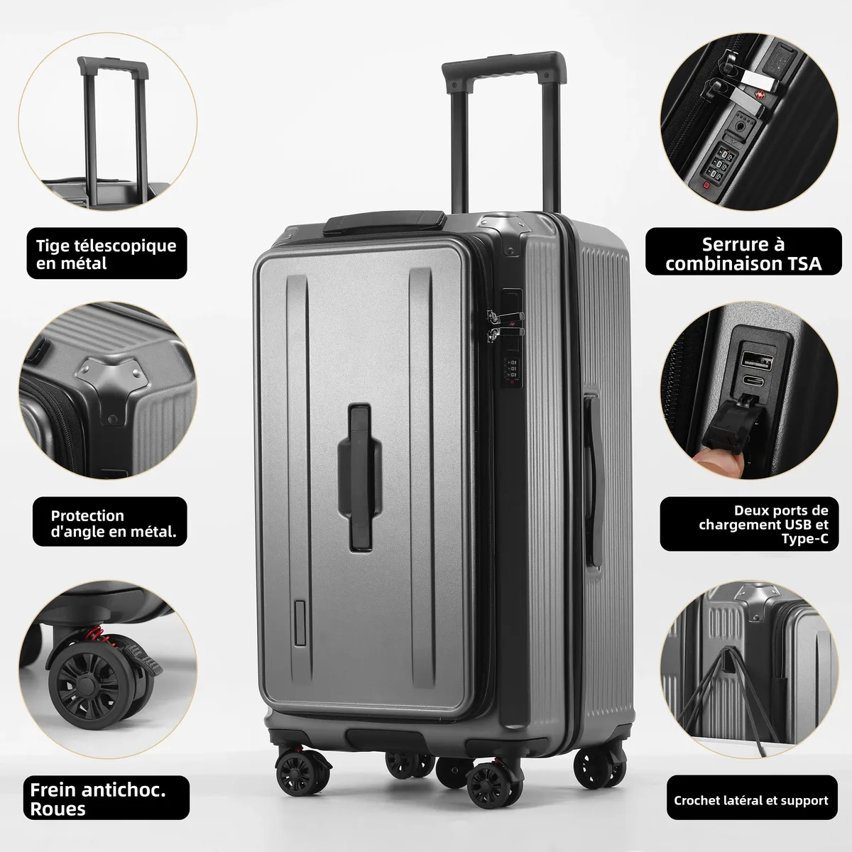 valise pc multifonctionnelle extensible avec serrure tsa, port usb type-c, roues antichoc, ouverture frontale, bagage cabine à roulettes
