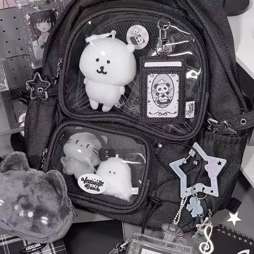 Sacs d'école noirs pour femmes, sac à dos japonais Kawaii Ita, Design de grande capacité, sacs à dos transparents, sac Y2k, nouvelle tendance 2025