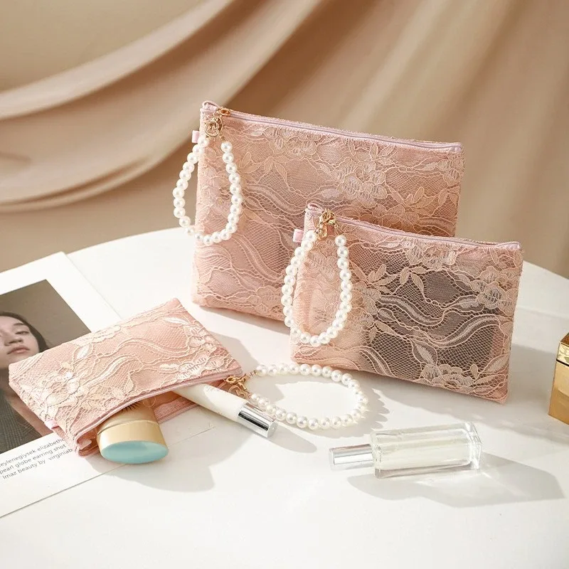 Sac à cosmétiques en dentelle douce, pochette de toilette de voyage, étui de rangement, trousse de toilette pour accessoires de maquillage, clés de téléphone, porte-monnaie