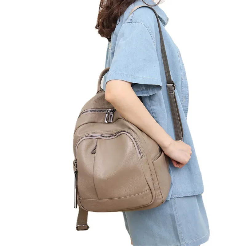 sac à dos décontracté en cuir de vachette véritable pour dames, sac de voyage antivol, motif solide, sac à dos en cuir véritable