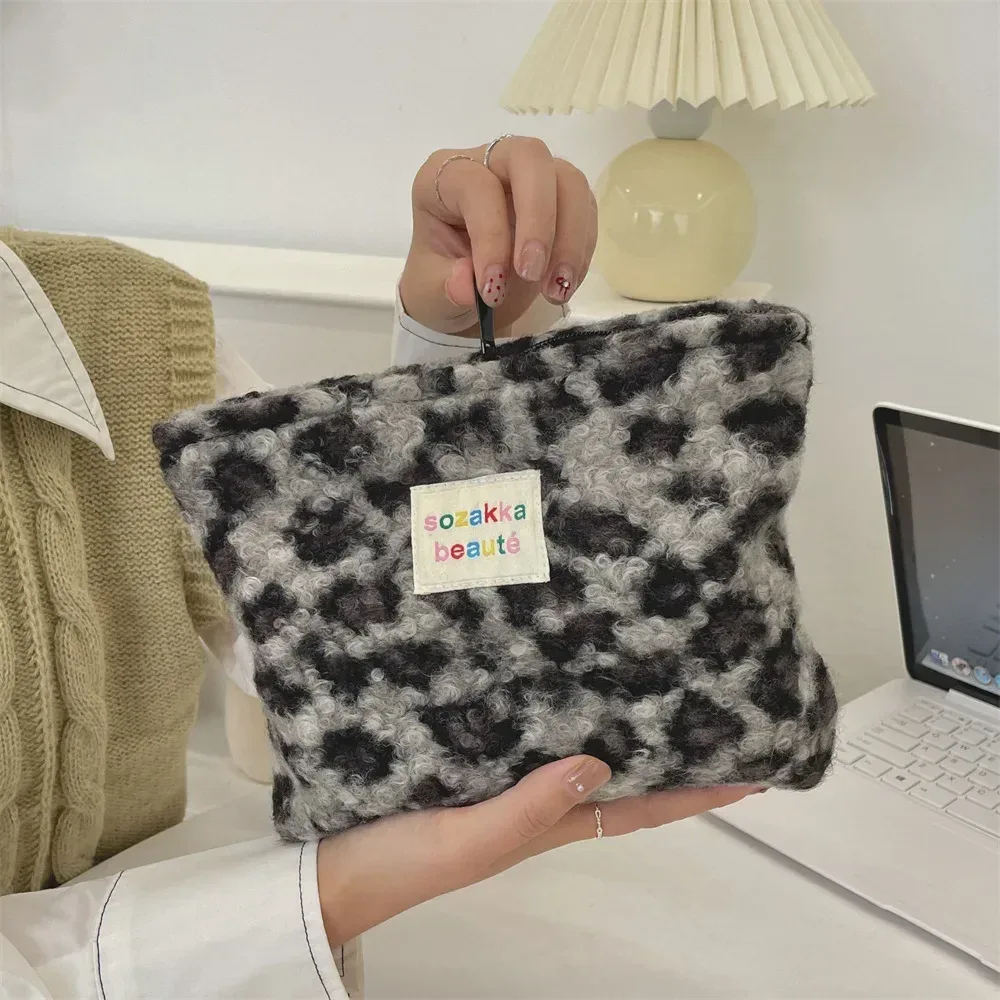 pochette rétro rayée pour femmes, sac à cosmétiques, trousse de toilette en peluche, sacs de maquillage, poche