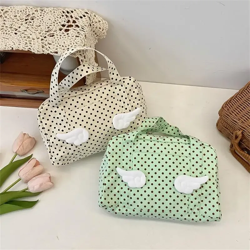 sac à main ailes à pois mignon, sac à cosmétiques, trousse de toilette de voyage portable de grande capacité, sac de rangement d'organisation, cartable cadeau pour fille