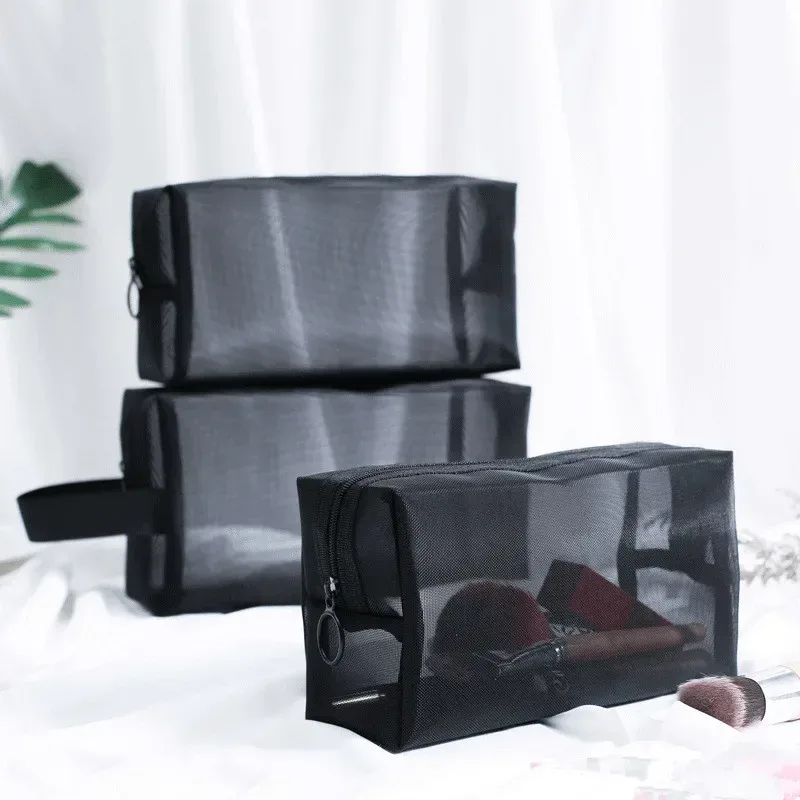 trousse de maquillage noire transparente pour femme, trousse de toilette et cosmétique, ensemble de poudres en maille, petite et grande, voyage
