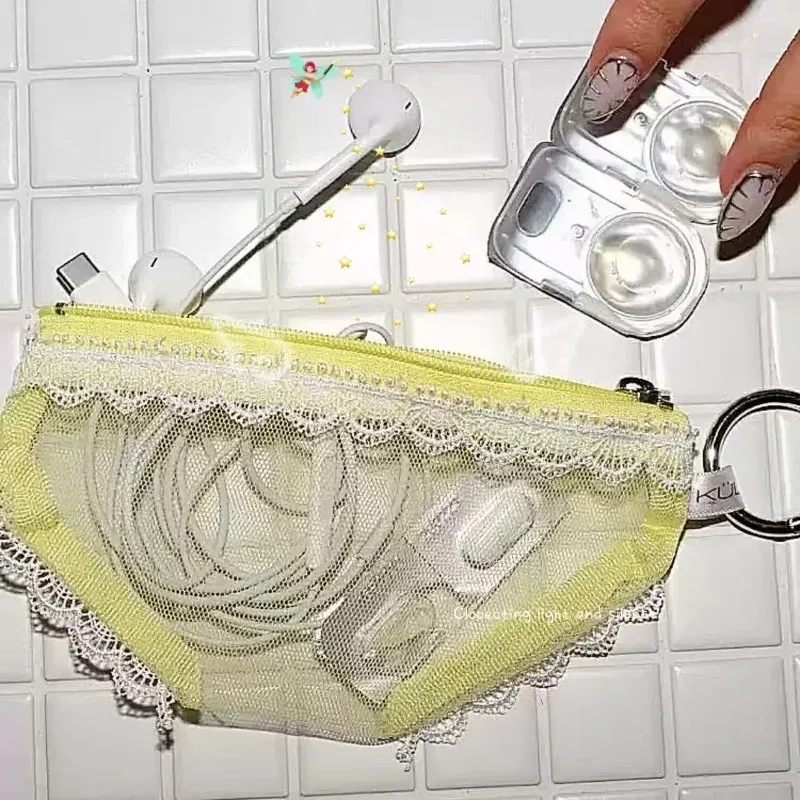 pochette de maquillage triangulaire en dentelle, légère et transparente, organiseur de maquillage portable, pochette de rangement pour accessoires de voyage et de toilette