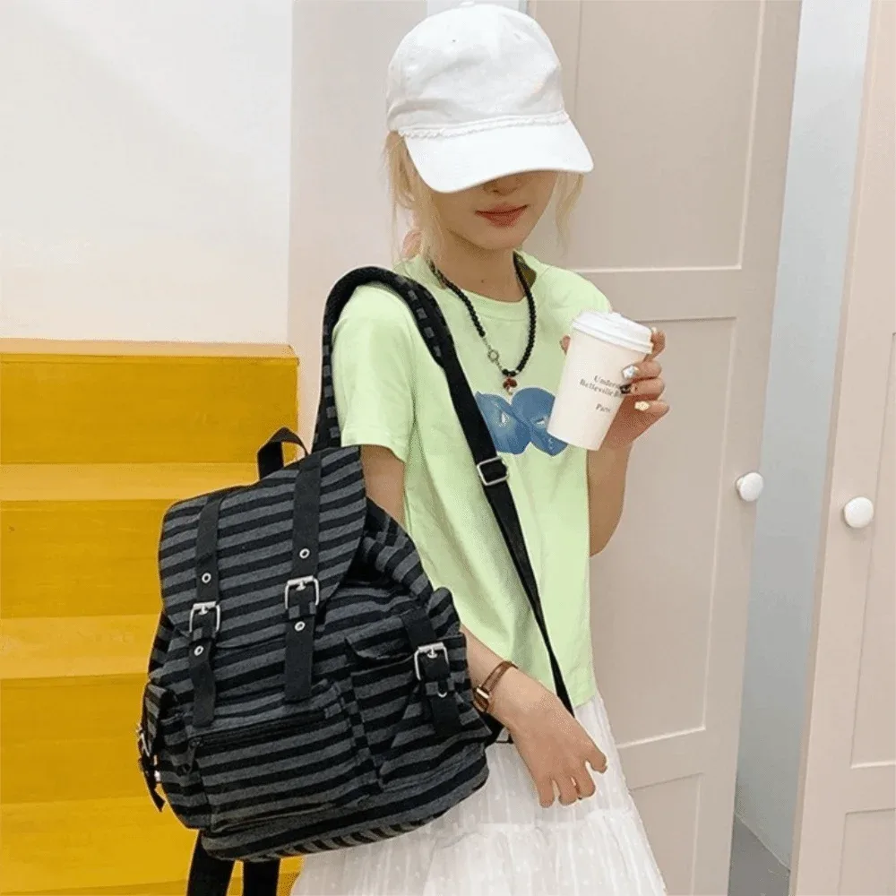 sac à dos décontracté à grande capacité, rayé, style coréen, multi-poches, sac d'école pour étudiants, nylon, y2k, sac de randonnée et de camping pour femmes