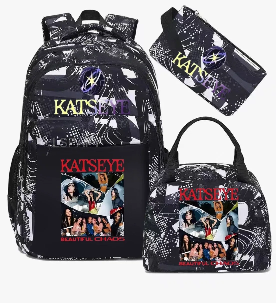 sacs d'école imprimés fashion katseye, ensemble de 3 pièces, sac à dos pour l'école primaire, garçons et filles, sac à dos de sport avec sac à lunch et trousse à crayons