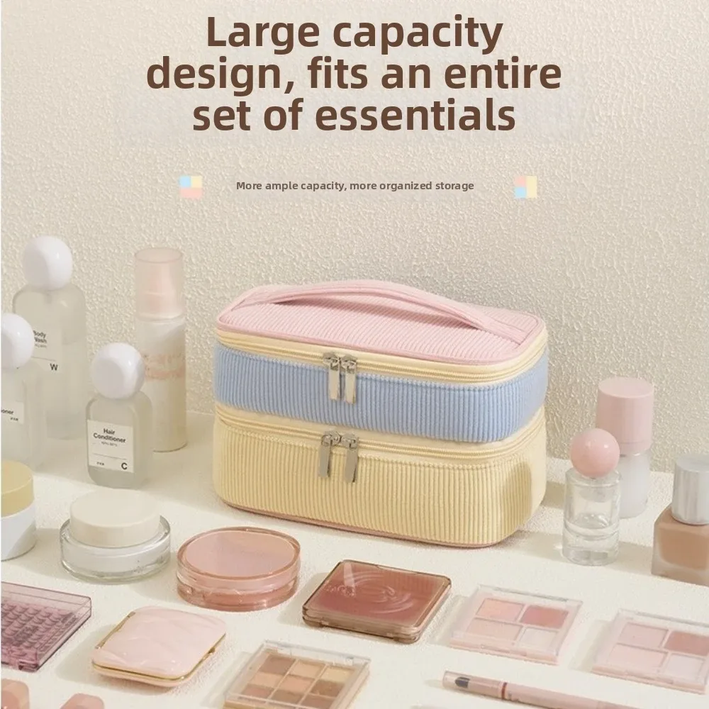 sac de rangement double couche à fermeture éclair, en matériau souple, sac à cosmétiques portable, sac de toilette à grande capacité
