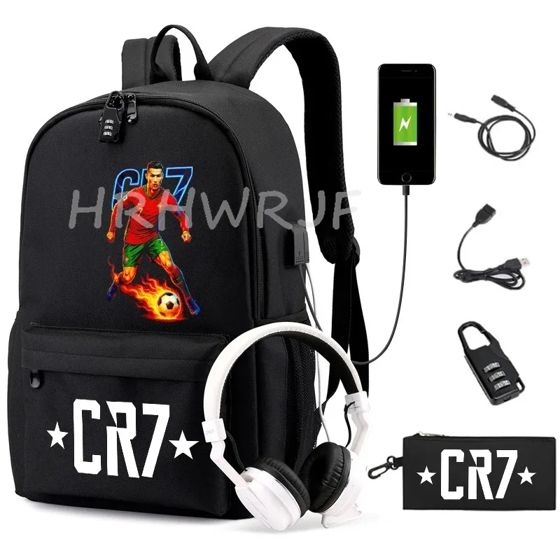 sac à dos usb cr7 pour femmes et hommes, sac à dos de voyage décontracté anti-vol, sacs d'école pour adolescents avec capacité pour ordinateur portable, avec trousse à crayons, 2 pièces