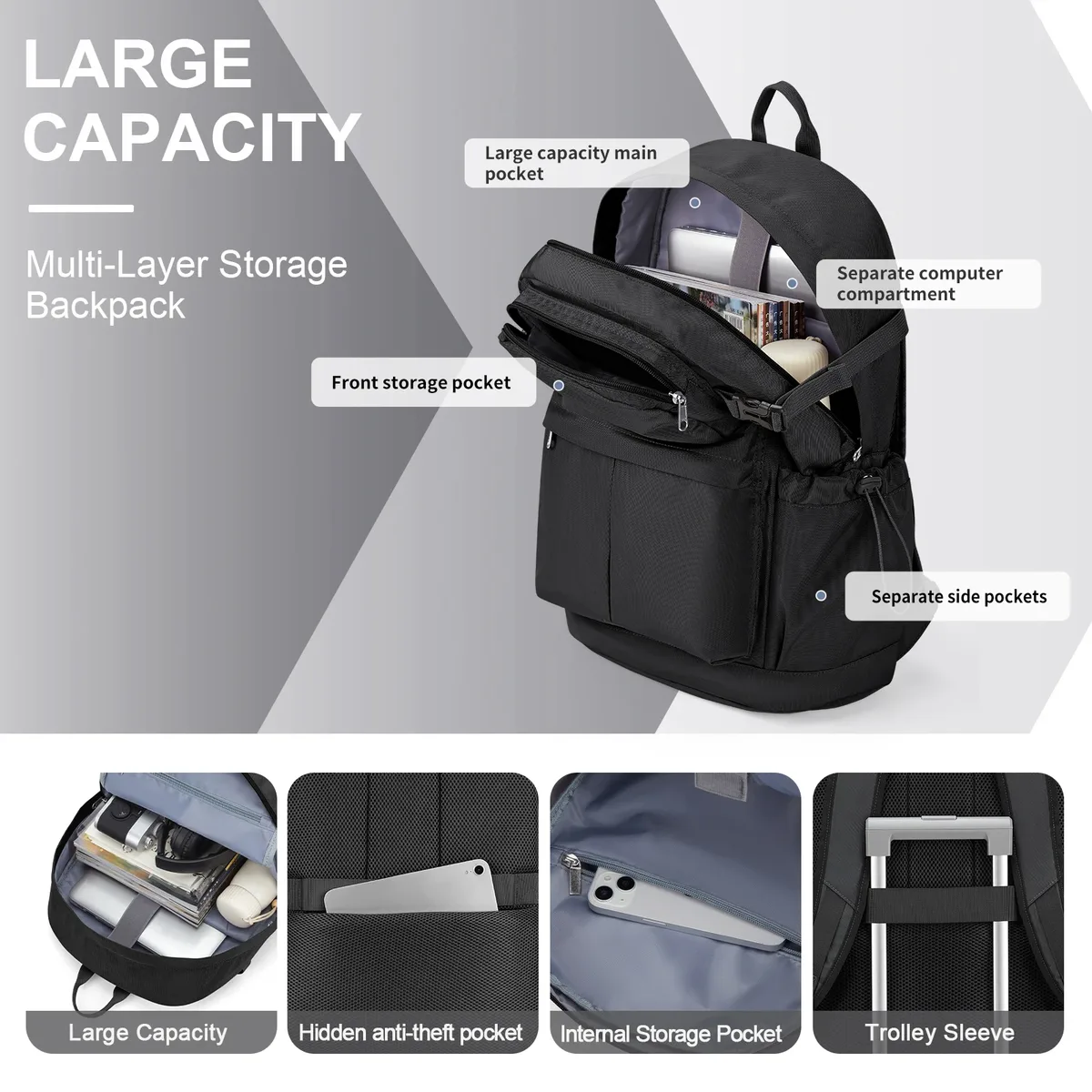 sac à dos scolaire noir étanche 15,6 "sac pour ordinateur portable décontracté léger travail voyage sac à dos pour hommes femmes collège randonnée sacs à dos