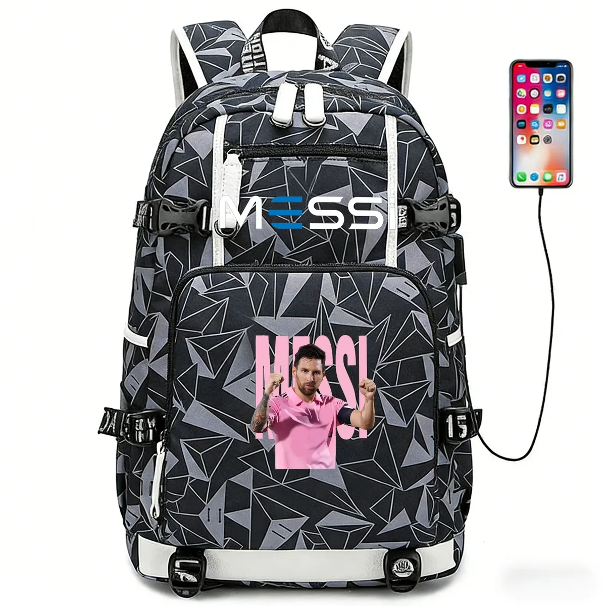 sac à dos de sport de football messi en tissu oxford avec fermeture à loquet, grande capacité, pour ordinateur portable, loisirs, voyage, école et étudiants