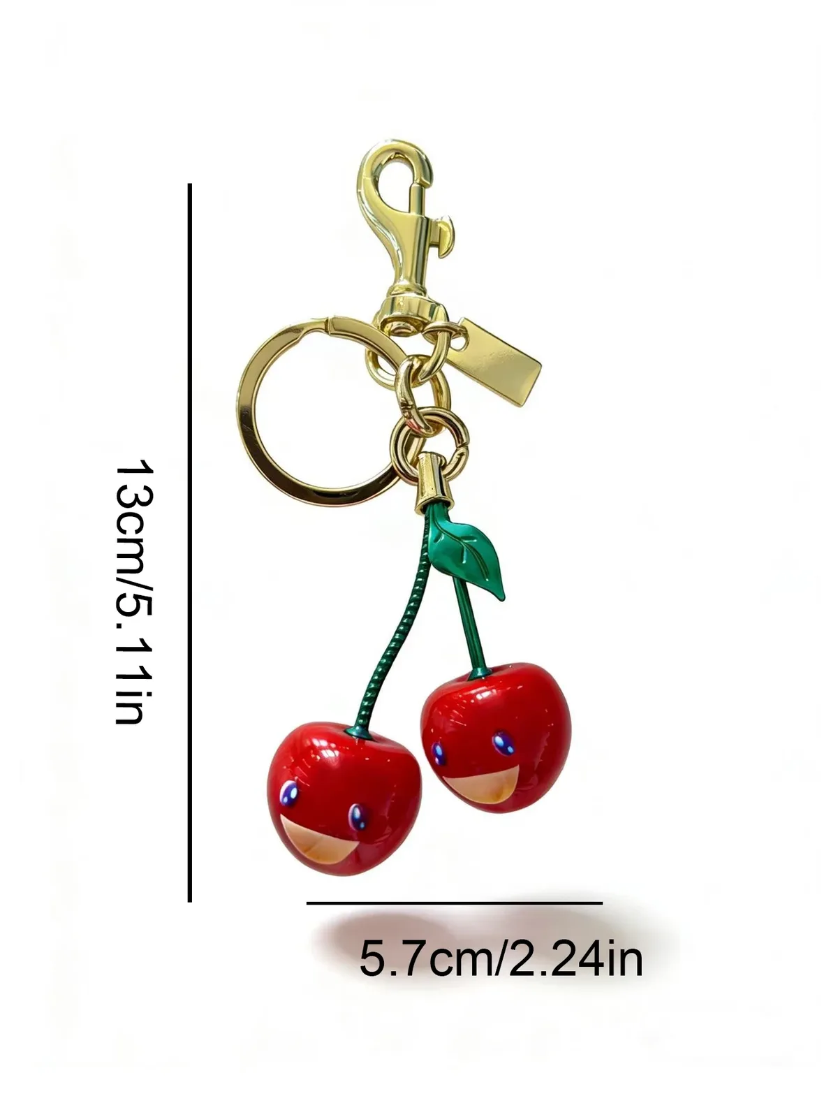 porte-clés cerise souriant mignon – breloque pour sac de fruits rouge et vert avec boucle dorée, pendentif en résine durable pour sac à main et sac à dos pour femme