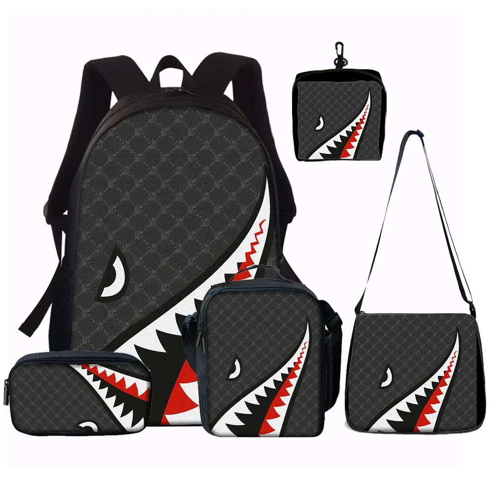 ensemble de sacs à dos tendance avec motif requin, 1/2/3/4/5 pièces |   parfait pour l'école et les aventures quotidiennes